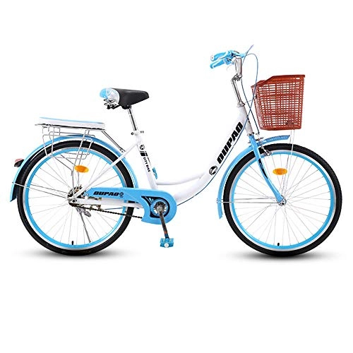 City : JHKGY Urban Pendler Retro Fahrrad, Single Speed Beach Cruiser Bike Für Erwachsene, Jugendliche, Rahmen Aus Kohlenstoffhaltigem Stahl, Vorderkorb, Gepäckträger Hinten, Blau, 26 inch