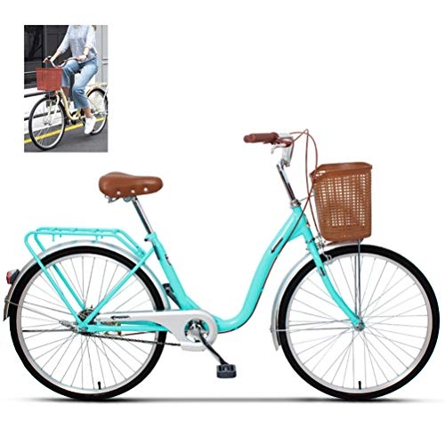 City : LHY Damen Fahrräder mit Korb, Frauen-Kreuzer-Fahrrad Urban Commuter City Bike Mädchen Traditionelle Klassische städtische Fahrrad-6-Gang-Antriebe Sättel Fahrrad für Studierende Radfahren, Blau, 24"