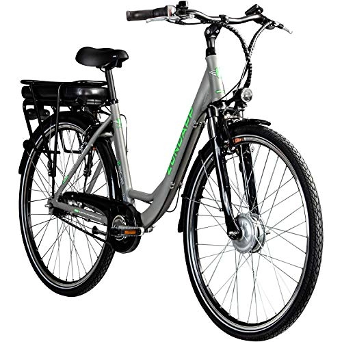 City : Zündapp E-Bike 700c Damenrad Pedelec 28 Zoll Z502 E Citybike Hollandrad Fahrrad (grau / grün ohne Korb)