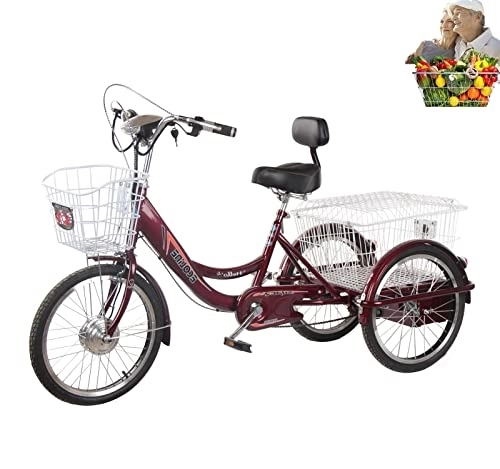 Elektrofahrräder : 20-Zoll-Elektro-Dreirad für Erwachsene, dreirädriges Fahrrad für ältere Menschen mit hinterem Korb, Tret-Dreirad, Reitsitz + Rückenlehne, Batterielebensdauer 45 km (red)