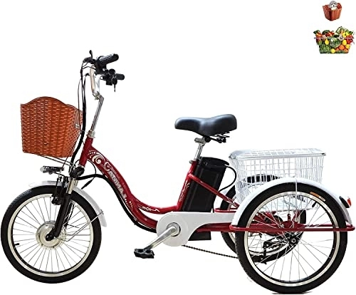 Elektrofahrräder : 20 Zoll Erwachsene Elektro-Dreirad, 3-Rad-Fahrrad für Damen übergroßer Einkaufswagen mit Deckel 48V12AH abnehmbare Lithium-Batterie, maximale Belastung 330 lb (red)