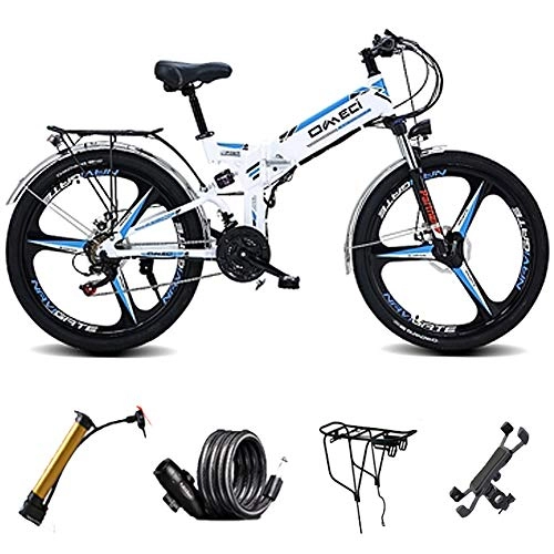 Elektrofahrräder : 24 Zoll E-Bike Für Jugendliche, Klappbares 300 W Mountainbike, Herausnehmbare 48V 10Ah Lithiumbatterie, Scheibenbremse Vorne Und Hinten, LCD Großbildschirm, Weiß