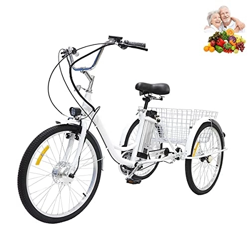 Elektrofahrräder : 24-Zoll-Elektro-Dreirad für Erwachsene, Hybrid-Dreirad für ältere Menschen, DREI Runden, menschliches Reitgeschenk für Eltern, abnehmbar mit vergrößertem Korb zum Einkaufen Einkaufen(White, 36V12AH)