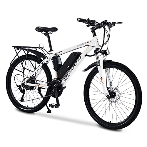 Elektrofahrräder : 26" Elektrofahrrad für Erwachsene, Aluminium Elektrische Fahrräder, Mountainbike mit Gepäckträger Hinten 36V 13Ah Abnehmbar Batterie 350W Motor, LCD Bildschirm für Herren Pendeln Reisen Trainieren (Weiß)