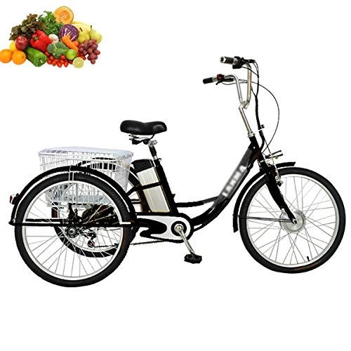 Elektrofahrräder : Adult Tricycle Electric 3-Rad-Fahrrad für Eltern 24 '' mit Heckkorb 48V / 12AH Reichweite 30 km Gewichtskapazität 150 kg Einkaufsbummel blau schwarz LED-Beleuchtung