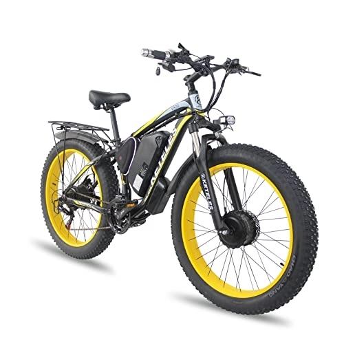Elektrofahrräder : BYINGWD 26-Zoll-e-Bike Mountainbike, Elektrofahrrad Ebike, 26 Zoll E-Bike Mountainbike, Heckmotor + Frontmotor, Doppelmotor, Abnehmbare Lithiumbatterie, Shimano 21-Geschwindigkeit, (Color:Gelb)