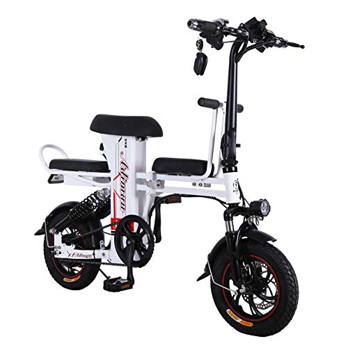 Elektrofahrräder : CJCJ-LOVE 12 Zoll Folding Elektro-Bike, 48V Endurance 50Km Männer / Frauen Tragbaren Mini-Lithium-Batterie-E-Bike, Adult-Baby-Sitz, Weiß
