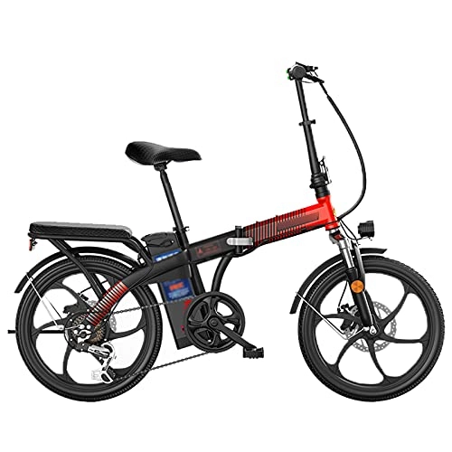 Elektrofahrräder : Damen-Falt-Elektrofahrrad, 20-Zoll-Unisex-Elektrofahrrad, 48-V-Batterie, LED-Licht, Tragfähigkeit 100 kg, Rahmen aus Kohlenstoffstahl (Rot)