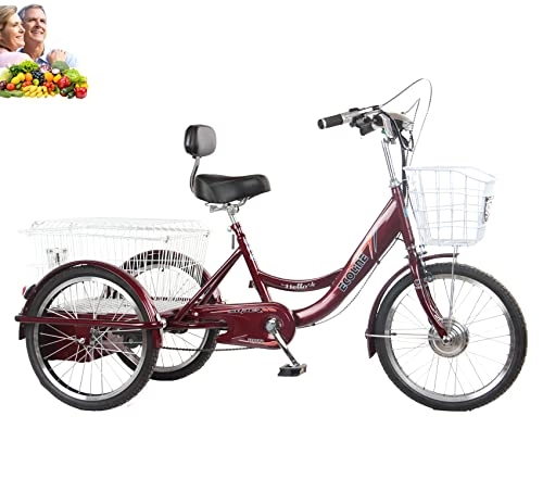 Elektrofahrräder : Dreirad für Erwachsene, 3-Rad-Fahrrad, 50 cm (20 Zoll), elektrisches Eltern, 3 Räder, 48 V20 Ah, Lithium-Batterie, 250 W Motor mit Einkaufskorb, maximale Belastung 200 kg, dunkelrot