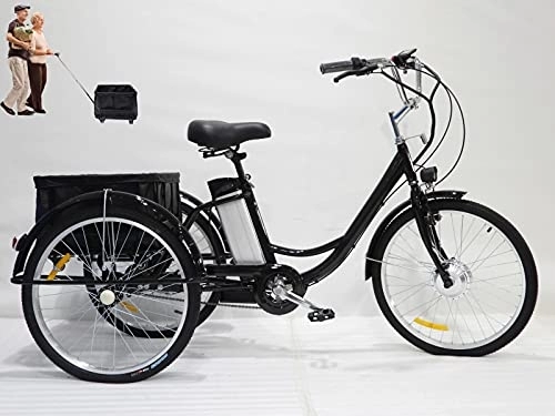 Elektrofahrräder : Dreirad für Erwachsene mit Korb elektrisches Dreirad Lithiumbatterie Hybrid 3-Rad 36V12AH 350W Motor für Eltern und ältere Menschen LED-Beleuchtung Kohlenstoffstahl belastbar 150kg (Black, 24inch)