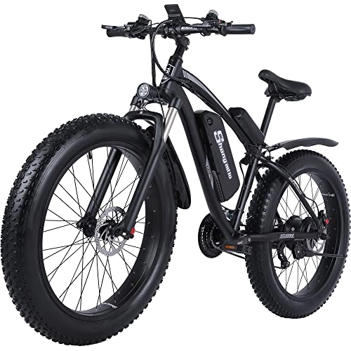 Elektrofahrräder : E-Bike Elektrofahrrad 26 * 4.0 Zoll Fat Reifen hydraulische Scheibenbremsen für Herren Damen (Schwarz)