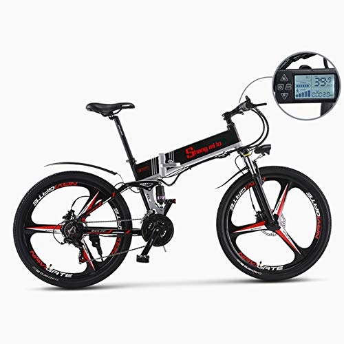 Elektrofahrräder : Elektrisches Mountainbike 26 Zoll 350 W Faltbares Mountain Snow E-Bike mit superleichter 6-Speichen-Aluminiumlegierung Integriertes Rad Premium Vollfederung 21-Gang Getriebe, Schwarz