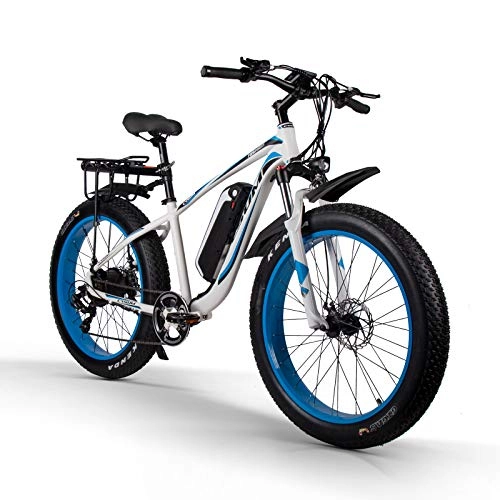 Elektrofahrräder : Elektrofahrrad für Erwachsene M980 26 Zoll Mountainbike 1000W 48V 17Ah Snow Fat Reifenräder Shimano 7-Gang (weiß Blau)
