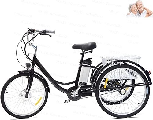 Elektrofahrräder : Erwachsenes elektrisches Dreirad-Damen-3-Rad-Fahrrad 24-Zoll-Hybrid-Dreirad Übergroßer hinterer Korb mit Deckel Roller mit Lithiumbatterie 36V12AH Maximale Belastung 350 lbs (black-24in)