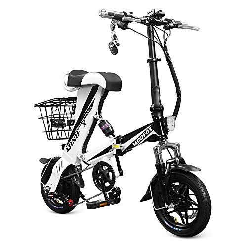 Elektrofahrräder : Festnight 12-Zoll-Falt-Power-Assist-Elektrofahrrad Moped E-Bike mit Vollfederung und abnehmbarem Korb, 250W, Gang-Schaltung, Höchstgeschwindigkeit von 25 km / h, Schwarz & Weiß