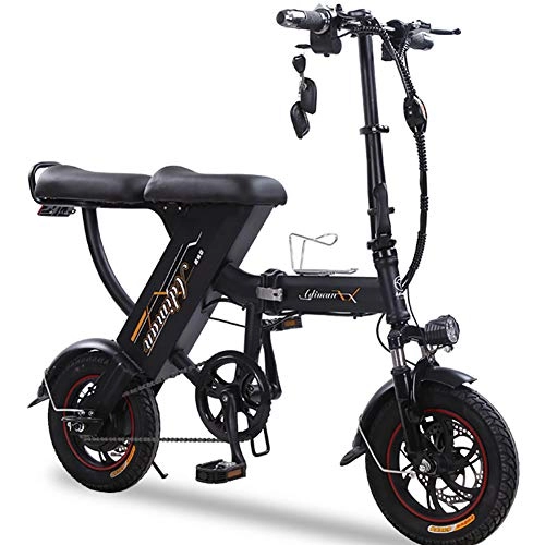 Elektrofahrräder : FJW 12" Mini Electric Bikes Unisex Mode und intelligentes elektronisches Fahrzeug 48V 10Ah Faltbares & tragbares elektrisches Fahrrad Kohlenstoffreicher Stahl Federung Fahrrad, Black, 15A