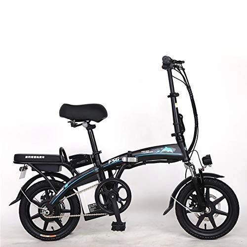 Elektrofahrräder : FJW Elektrisches Fahrrad 48 V 250 W Ebike 14 Zoll Kohlenstoffreicher Stahl Hybrid Faltrad mit Scheibenbremsen und Federgabel (herausnehmbare Lithiumbatterie), Black, 48V10A
