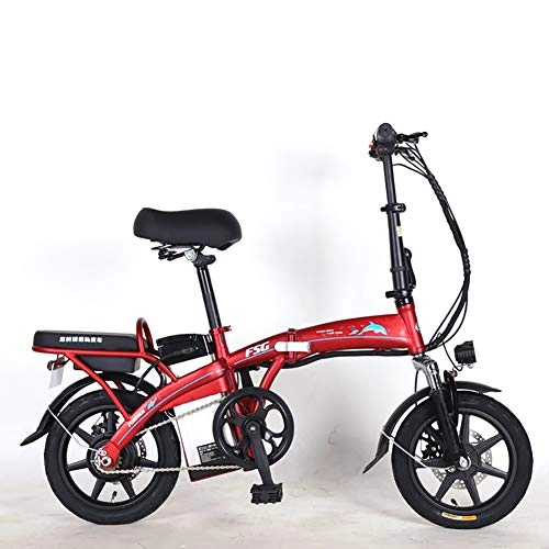 Elektrofahrräder : FJW Unisex Elektrisches Fahrrad, 14 Zoll E-Bike 250 W, 48 V 20 Ah Li-Ionen-Akku, Hybrid Faltrad mit Scheibenbremsen und Federgabel, Red