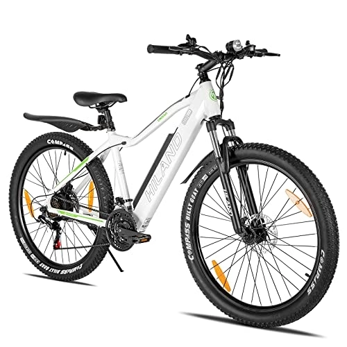 Elektrofahrräder : HILAND E-Bike 26'' Fat Tire E-MTB Elektrofahrrad Aluminium E-Mountainbike Shimano 21 Gänge & Hinterradmotor für Damen und Herren 25 km / h, Weiß