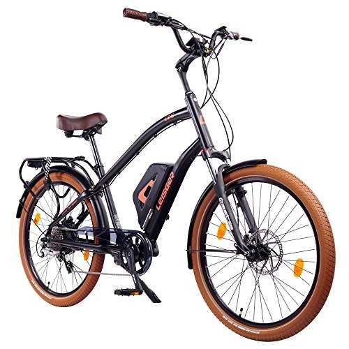 Elektrofahrräder : Leisger CD5 36V, E-Bike Cruiser, 14Ah 504Wh Panasonic Zellen Akku, matt schwarz / orange