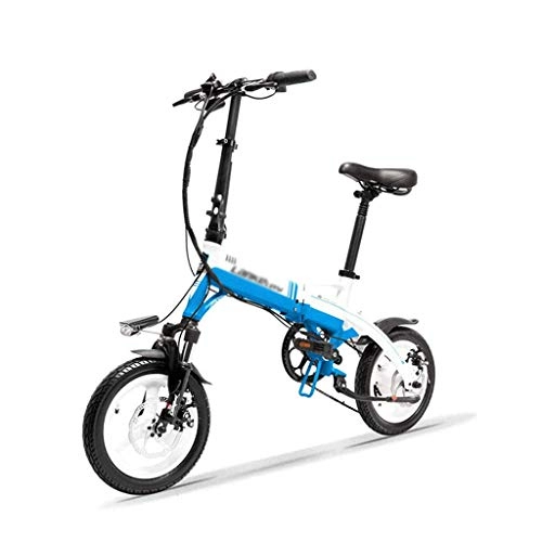 Elektrofahrräder : LUO Elektrofahrrad Mini Portable Folding E Bike, 14 Zoll Elektrofahrrad, 36V 350W Motor, Magnesiumlegierungsfelge, Federgabel, Weiß Blau