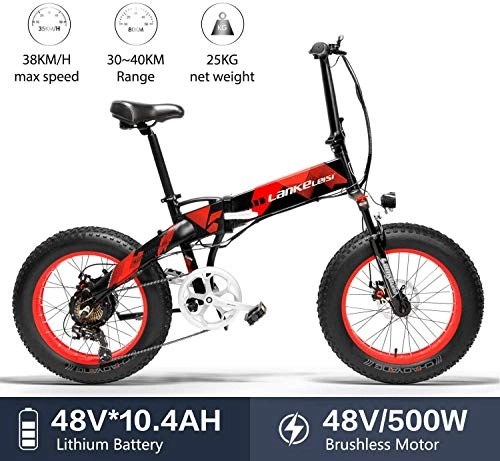Elektrofahrräder : Nonbrand LANKELEISI X200020-Zoll Fatbike Falt-E-Bike 7-Gang-Snowbike 48V 10, 4ah 500W Motor Aluminiumlegierung Rahmen 5 PAS Mountainbike (Rot)