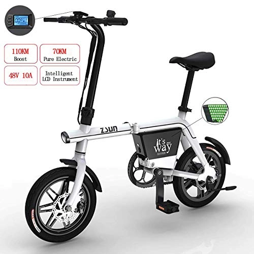 Elektrofahrräder : OTO 14-Zoll-Klapp-Elektrofahrrad - Doppelscheibenbremse Wasserdichtes Pendlerfahrrad 48V 10A Herausnehmbares Lithium-Batterie-E-Bike mit Einer Reichweite von 70 km, White