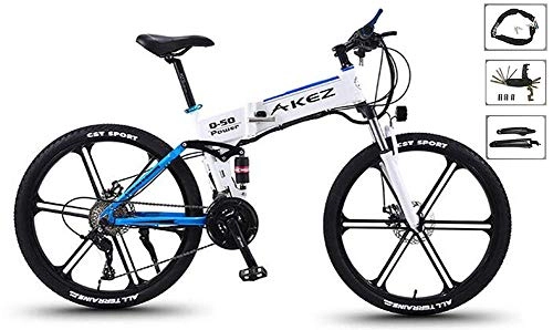 Elektrofahrräder : Qinmo Elektro-Fahrrad, Elektro-Mountainbike, 26" Folding E-Bike mit Leichter Magnesiumlegierung und 6 Speichen integrierten Rad, 27 Speed Gear, Premium Full Suspension (Color : White)