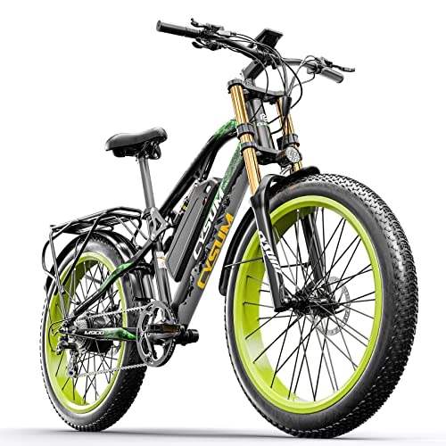 Elektrofahrräder : RICH BIT Elektrofahrrad für Erwachsene Männer Frauen, 26 * 4, 0 Zoll Breitreifen-Mountainbike, 48 V 17 Ah, Offroad-Fahrrad mit Doppelfederung, Scheibenbremse, mit Bremslicht(Schwarz&Grün)