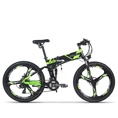 Elektrofahrräder : RICH BIT Faltbares Elektrofahrrad für Erwachsene, 26-Zoll-Elektro-Mountainbike mit abnehmbarem 36-V-12, 8-AH-Akku, vollgefedertes E-Bike(Schwarz & Grün)