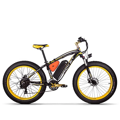 Elektrofahrräder : RICH BIT Herren Elektrofahrrad 48V 17AH, 26 * 4, 0 Zoll Fatbike Mountainbike für Erwachsene, abschließbare Federgabel(Schwarz & Gelb)
