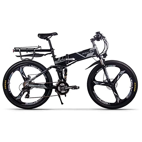 Elektrofahrräder : RICH BIT RT-860 Faltbares Elektrofahrrad 26", 250 W E-Bike mit austauschbarem 12, 8-Ah-Akku, 21 Geschwindigkeiten, Vollfederung (grau)