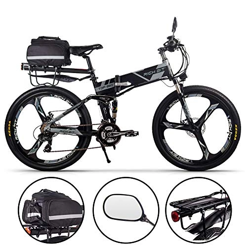 Elektrofahrräder : RICH BIT RT-860 Faltbares Elektrofahrrad 26", 250 W E-Bike mit austauschbarem 12, 8-Ah-Akku, 21 Geschwindigkeiten, Vollfederung (grau-Plus)