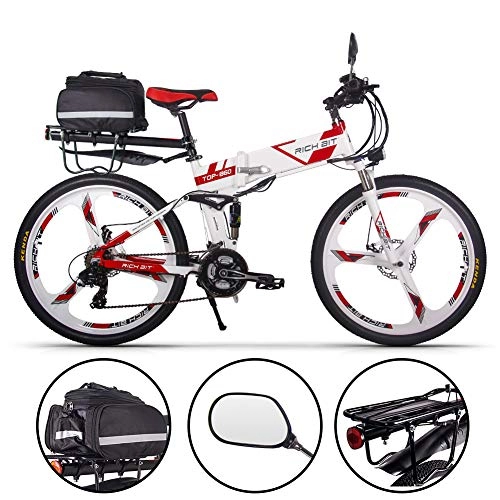 Elektrofahrräder : RICH BIT RT-860 Faltbares Elektrofahrrad 26", 250 W E-Bike mit austauschbarem 12, 8-Ah-Akku, 21 Geschwindigkeiten, Vollfederung (rot-Plus)