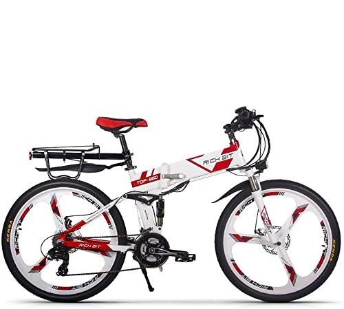 Elektrofahrräder : Rich Bit Top-860 36V 12.8AH Full Suspension City Bike Folding Elektrische Faltenbergfahrrad (White-Red)