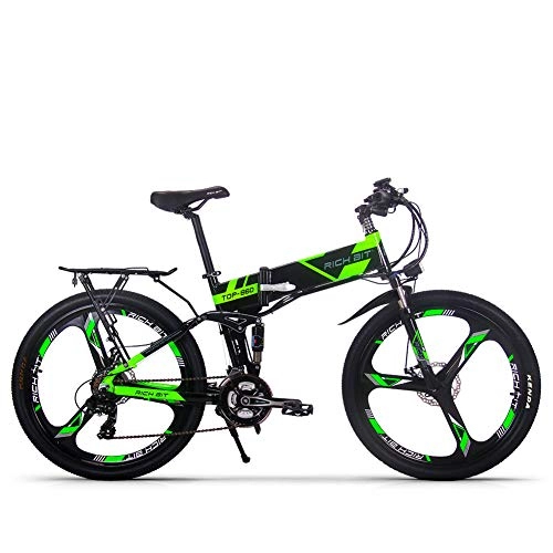 Elektrofahrräder : RICH BIT TOP-860 Elektrisches Klapprad 26 Zoll 36 V 250 W 12, 8 Ah Vollgefedertes Stadtrad Elektrisches faltbares Mountainbike (dunkelgrün)