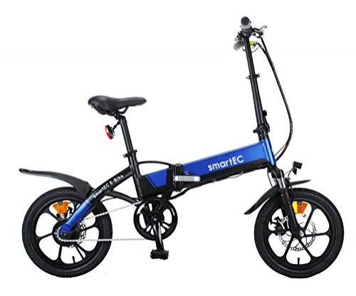 Elektrofahrräder : smartEC Camp-Mini Klapprad Mini E-Bike, 16 Zoll, Hinterrad-Nabenmotor, Fahrunterstützung 25 km / h, Li-Ion-Akku 36V / 250 Watt, Anfahrhilfe, Reichweite 70 km (Blau)