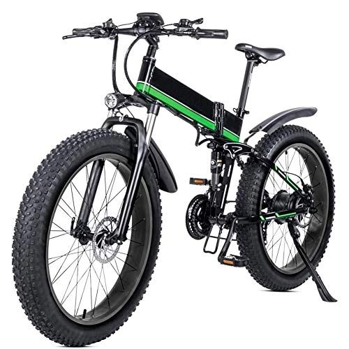 Elektrofahrräder : Syxfckc Elektrische Fahrradreifen 26 Zoll dick faltbaren elektrisches Fahrrad mit 48V 12Ah Lithiumbatterie beweglich mit dem hinteren Sitz (Color : Green)