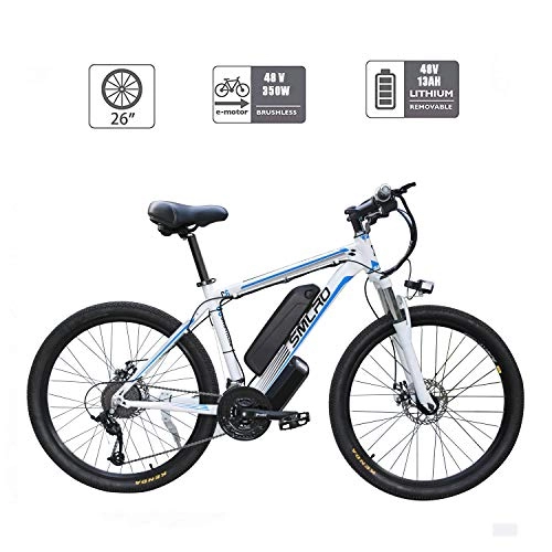 Elektrofahrräder : UNOIF Bike Mountainbike elektrisches Fahrrad mit 21-Gang-Shimano-Übertragungssystem, 350W, 13AH, 48V-Lithium-Ionen-Akku, 26" Zoll, Pedelec City Bike Leichte, White Blue