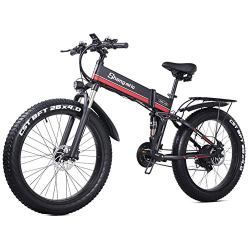 Elektrofahrräder : WFIZNB Mountainbike 26 Zoll 48 V 13ah Klapp Elektrisches Schneemobil 21 Geschwindigkeit Elektrische Hilfshydraulische Scheibenbremsen 1000W, Rot