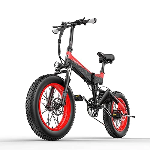 Elektrofahrräder : X3000 Folding Electric Bike 20 inch Fat Tires 1000W Motor 48v * 14.5Ah Battery LCD Display 7-Speed Electric Bike, Range up to 60 km (Rötlich schwarz)