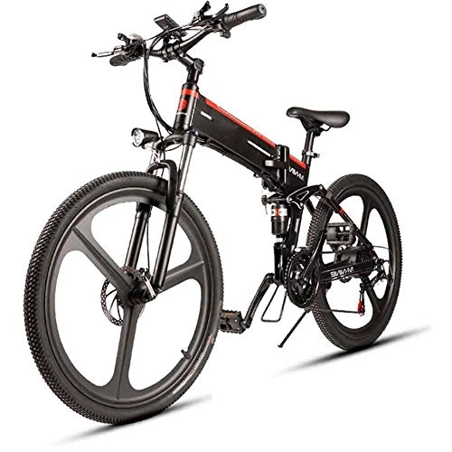 Elektrofahrräder : XFY 26 Inch Fat Tire Electric Bike - 48V / 250W Elektrofahrrad Klappbar, Fat Rad Folding Elektro-Fahrrad - 21 Geschwindigkeit - Schwarz + Rot