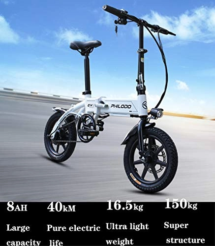 Elektrofahrräder : XHHXPY Faltbares Mountainbike Elektrisches Fahrrad Lithium-Batterie Zusammenklappbare, ultraleichte 14-Zoll-Lithiumbatterie fr Erwachsene, 36 V, fr kleine Mofas fr Mnner und Frauen, White