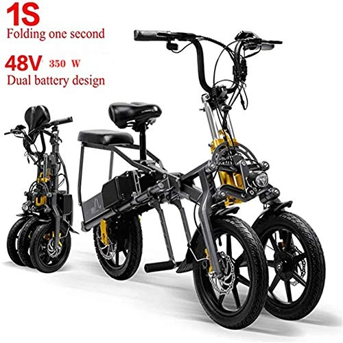 Elektrofahrräder : Zusammenklappbares Elektrofahrrad Elektrisch 2 Batterien 48V 350W Faltbares Mini-Dreirad 14 Zoll 1 Sekunde High-End-Elektrorad, Black-14inch