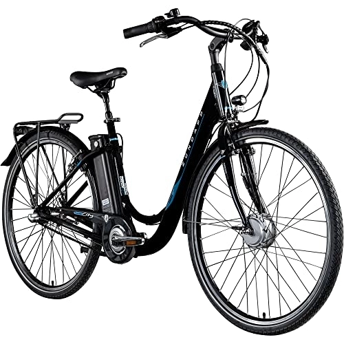 Elektrofahrräder : Zündapp Green 2.7 28 Zoll E Bike Damen Elektrofahrrad mit Rücktrittbremse Ebike Damen City Hollandrad Elektro Bike Pedelec tiefer Einstieg Retro E - Bike Frauen (schwarz / blau, 48 cm)