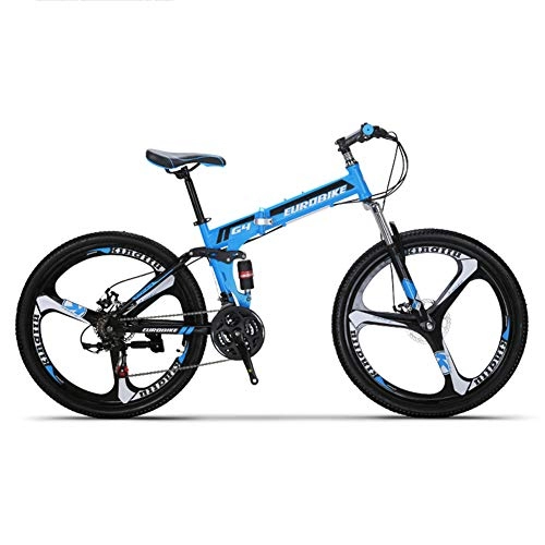 Falträder : HLMIN Klappfahrrad 21 Speed Mountainbike 26 Zoll 3-Speichen-Laufrder MTB Dual Suspension Fahrrad (Color : Blue, Size : 21Speed)