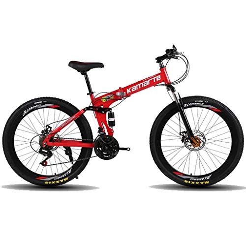 Falträder : JLRTY Mountainbike Faltbares Gebirgsfahrrad Damen & Herren 21 / 24 / 27 Geschwindigkeiten 26” Carbon-Stahlrahmen Full Suspension Scheibenbremse Speichenrad (Color : Red, Size : 21speed)