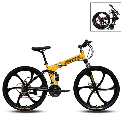Falträder : LHRC Mountainbike Faltbares 24 / 26 Zoll Fahrrad 6 Cutter Wheel 27 Geschwindigkeit Doppelte Stoßdämpfung Freizeitradfahren, Yellow, 24 inches