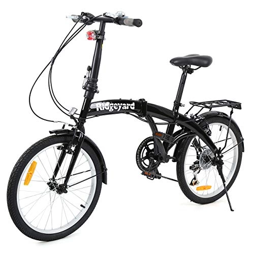 Falträder : MuGuang Faltbares Fahrrad 20 Zoll 7 Gang Faltmaschine mit LED-Batterielampe der Hinteren Halterung Folding Bike (Schwarz)