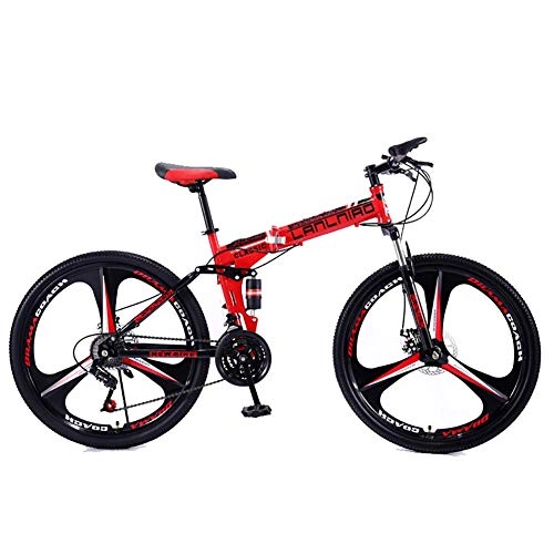 Falträder : SANLDEN Unisex-Mountainbike 21 / 24 / 27 Geschwindigkeit Stahlrahmen mit hohem Kohlenstoffgehalt 26 Zoll 3-Speichen-Räder Zweifach gefaltetes Faltrad mit Scheibenbremsen, Red, 24Speed
